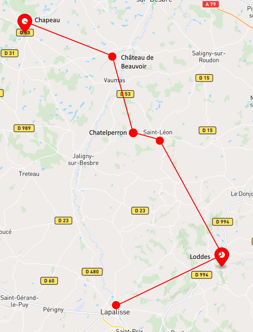 Libre tracé de l'itinéraire parcourant la Sologne bourbonnaise où coule la Besbre